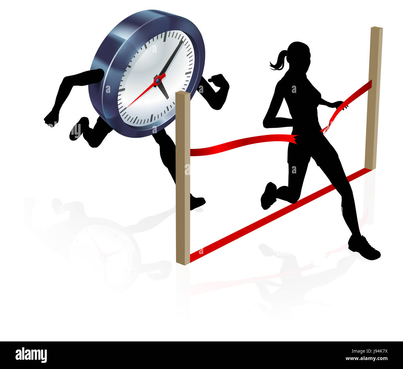 A woman running against a clock character beating it to the finish line to win Stock Photo