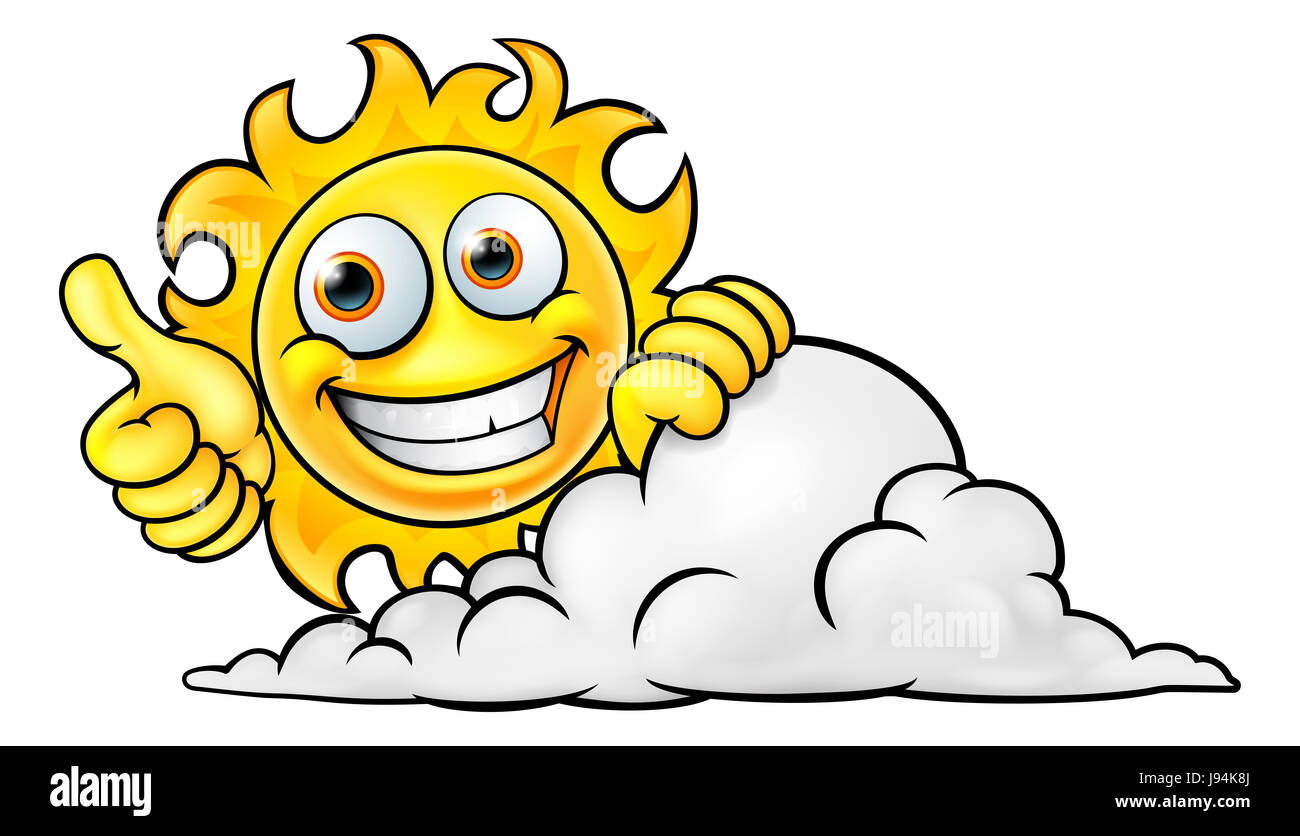 A sun cartoon character mascot smiling and giving a thumbs up from behind a cloud Stock Photo