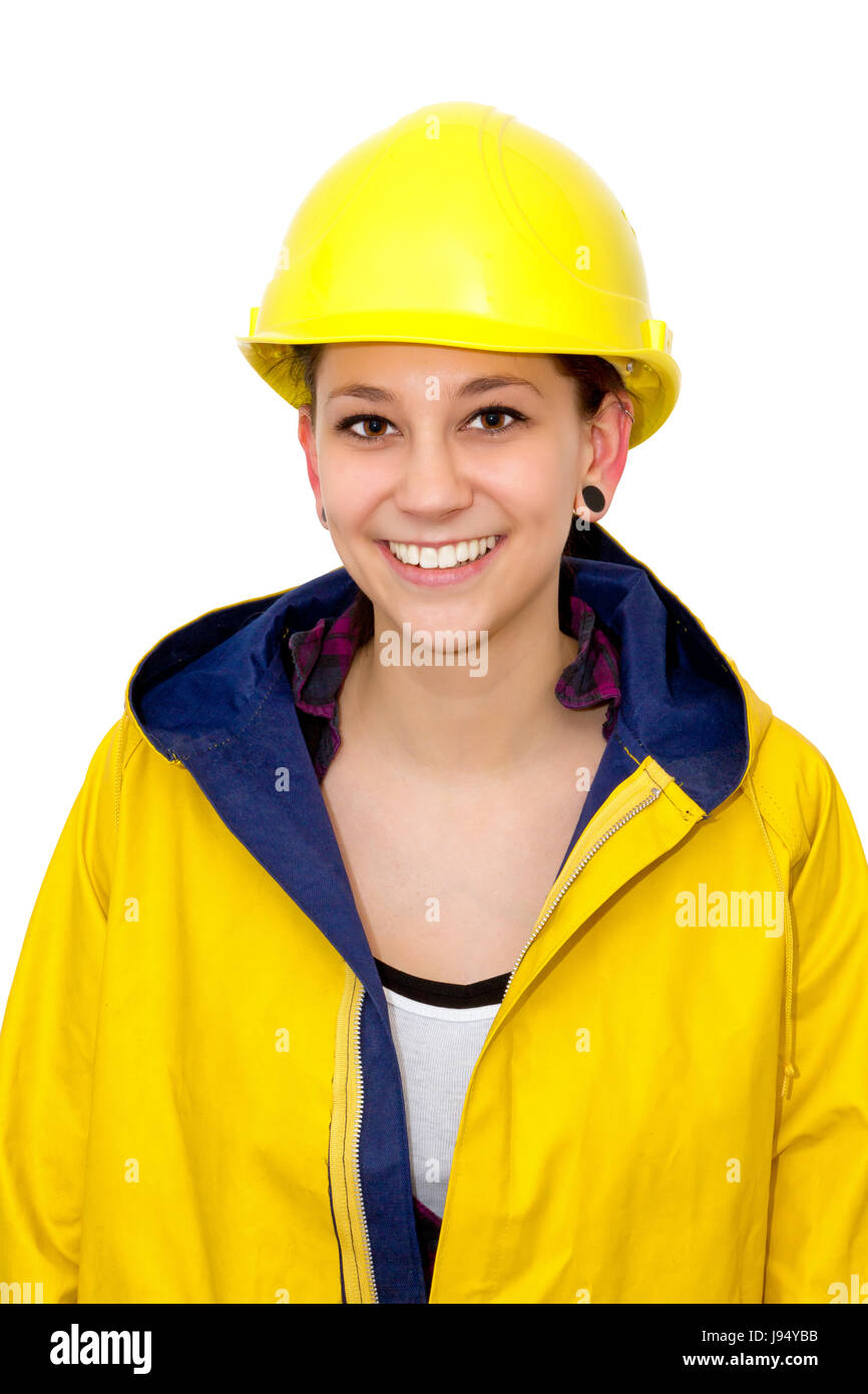 woman, working clothes, construction worker, architect, raincoat, raincoats, Stock Photo