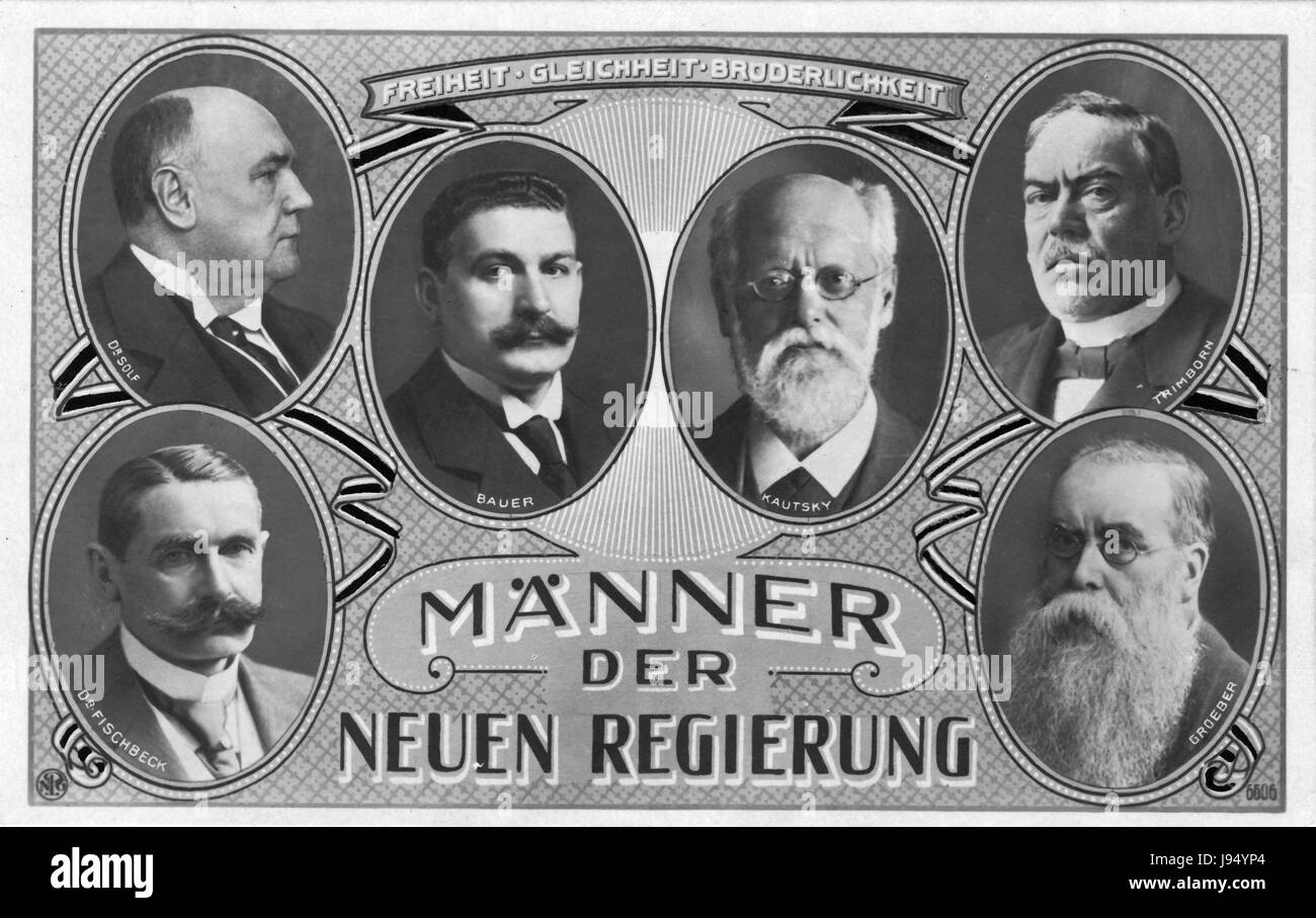 A contemporary postcard with the theme 'Freedom - Equality - Fraternity, Men of the new government.' Portraits of the politicians Wilhelm Solf (DDP), Gustav Bauer (SPD), Karl Kautsky (USPD), Karl Trimborn (Zentrum), Otto Fischbeck (DDP), Adolf Groeber (Zentrum). Fotoarchiv für Zeitgeschichte Archiv  - NO WIRE SERVICE - *** Local Caption *** | usage worldwide Stock Photo