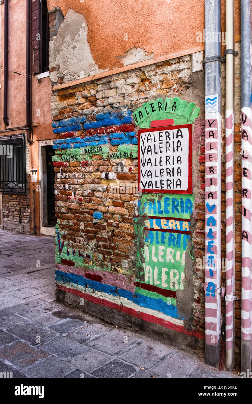 Italy,Venice,Castello.Graffiti in Venetian Calle honours 28-year-old Valeria Solesin who was among the 89 people gunned down at the Bataclan concert h Stock Photo