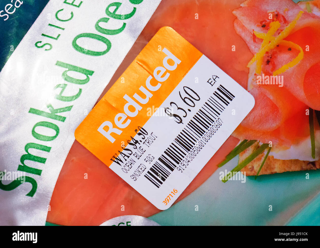 Label of a reduced price product close to sellby date, Australia Stock