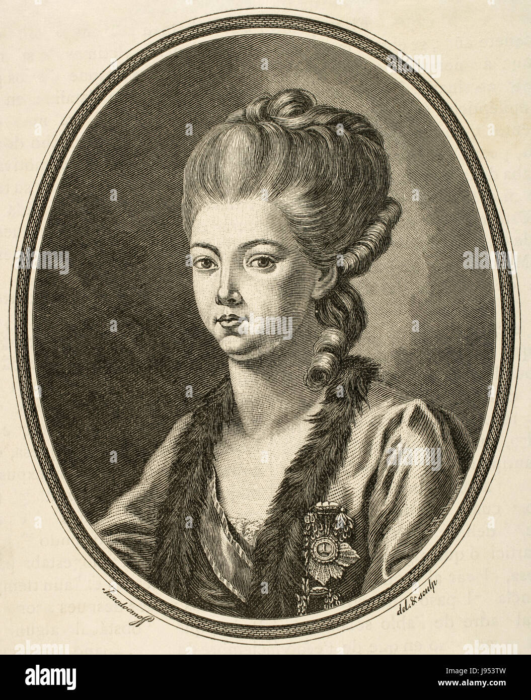 Princess Yekaterina Romanovna Vorontsova-Dashkova (1743-1810). Russian writer and philologist. Friend of Empress Catherine the Great and a major figure of the Russian Enlightenment. Portrait. Engraving by Treibmann. 'Historia Universal', 1895. Stock Photo