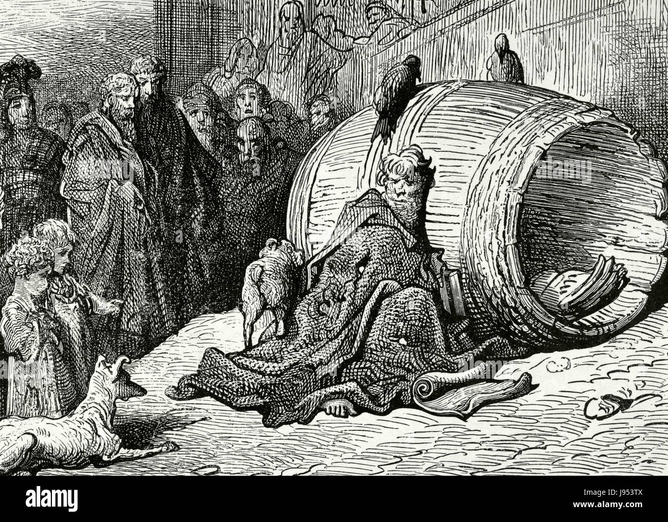 Diogenes (412-323 B.C.). Greek philosopher. One of the founders of Cynic philosophy. Also known as Diogenes the Cynic. Diogenes shelters in his barrel. Engraving by Gustave Dore. Stock Photo