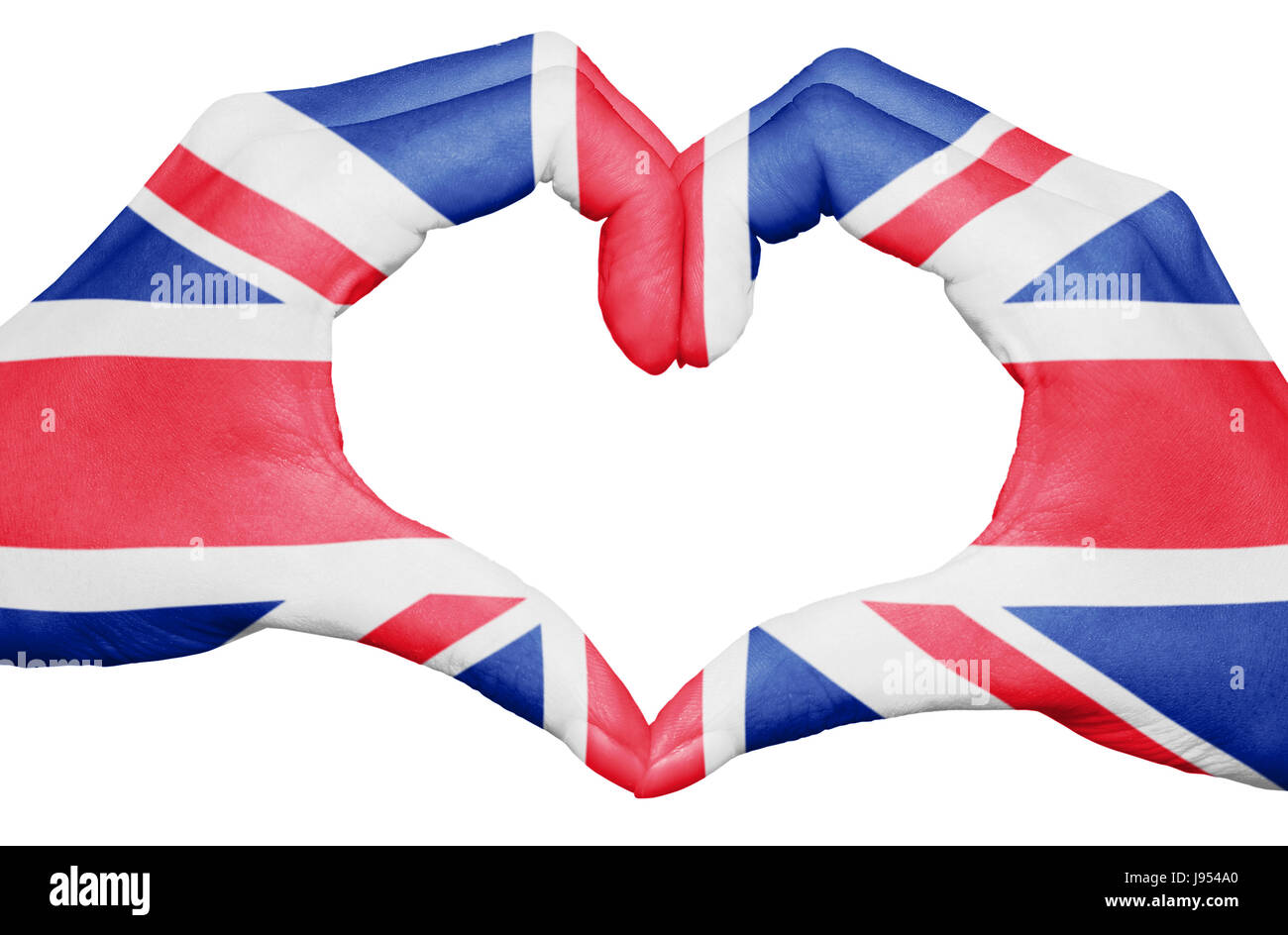 United kingdom flag painted on hands forming a heart isolated on white