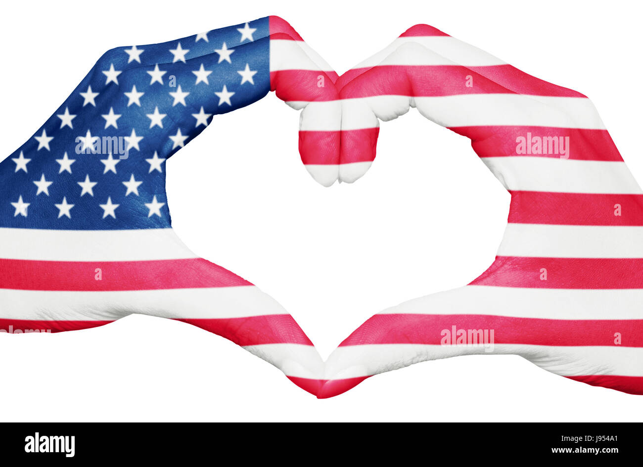 USA flag painted on hands forming a heart isolated on white background, Unites States of America national and patriotism concept Stock Photo