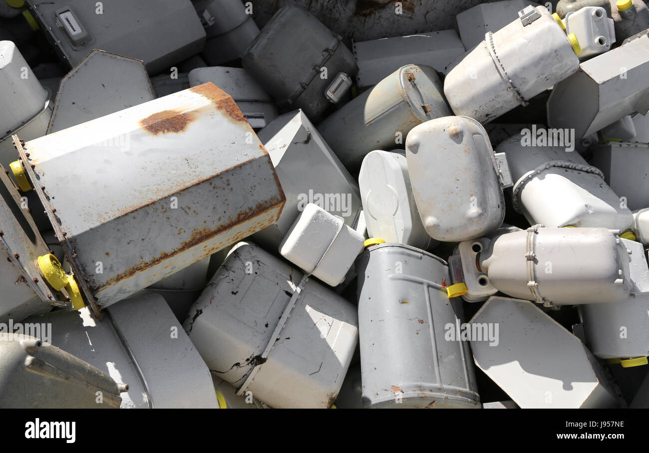Old broken gas meters in a recycler container Stock Photo Alamy