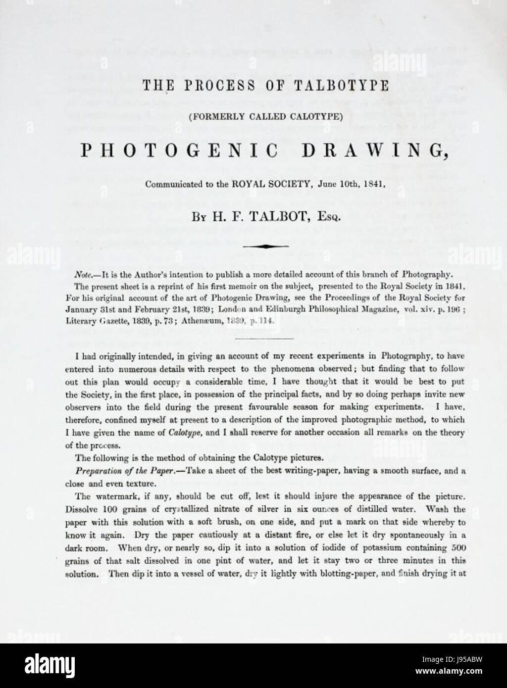 The Process of Talbotype (formerly called Calotype) Photogenic Drawing, Communicated to the Royal Society Stock Photo