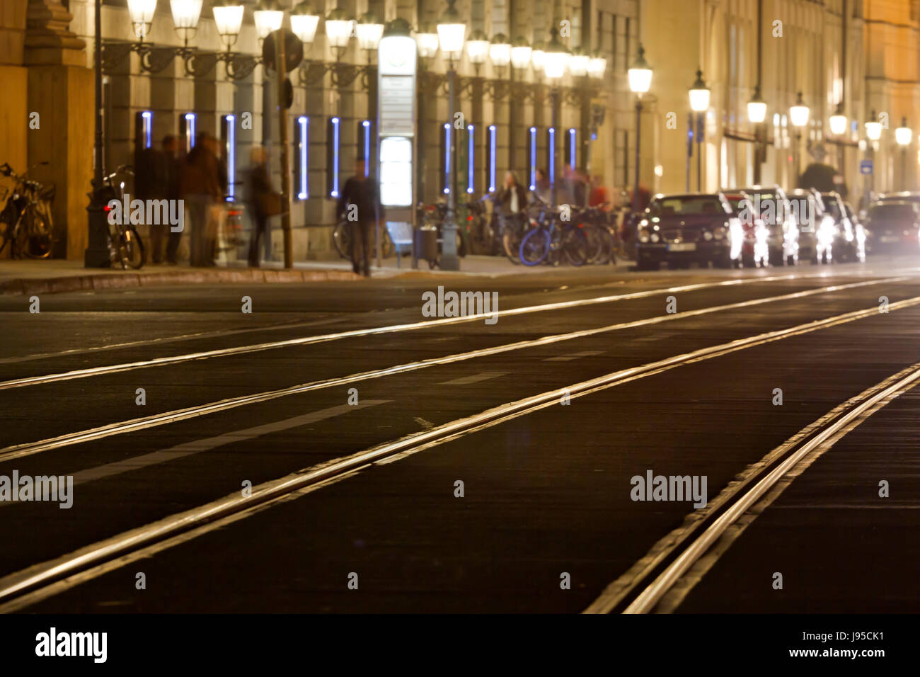 at night, munich, tram, railway, rails, street, road, railway, locomotive, Stock Photo