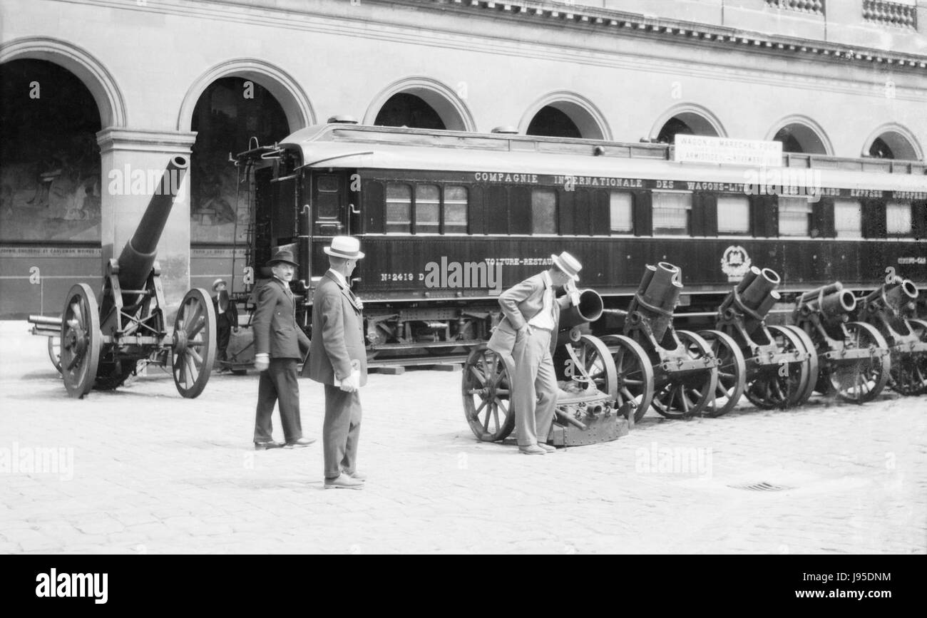 The railroad car where the armistice was signed on November 11, 1918, marking the end of World War I, is a significant historical artifact. The signing took place in a French railway carriage and symbolizes the conclusion of the war. Stock Photo