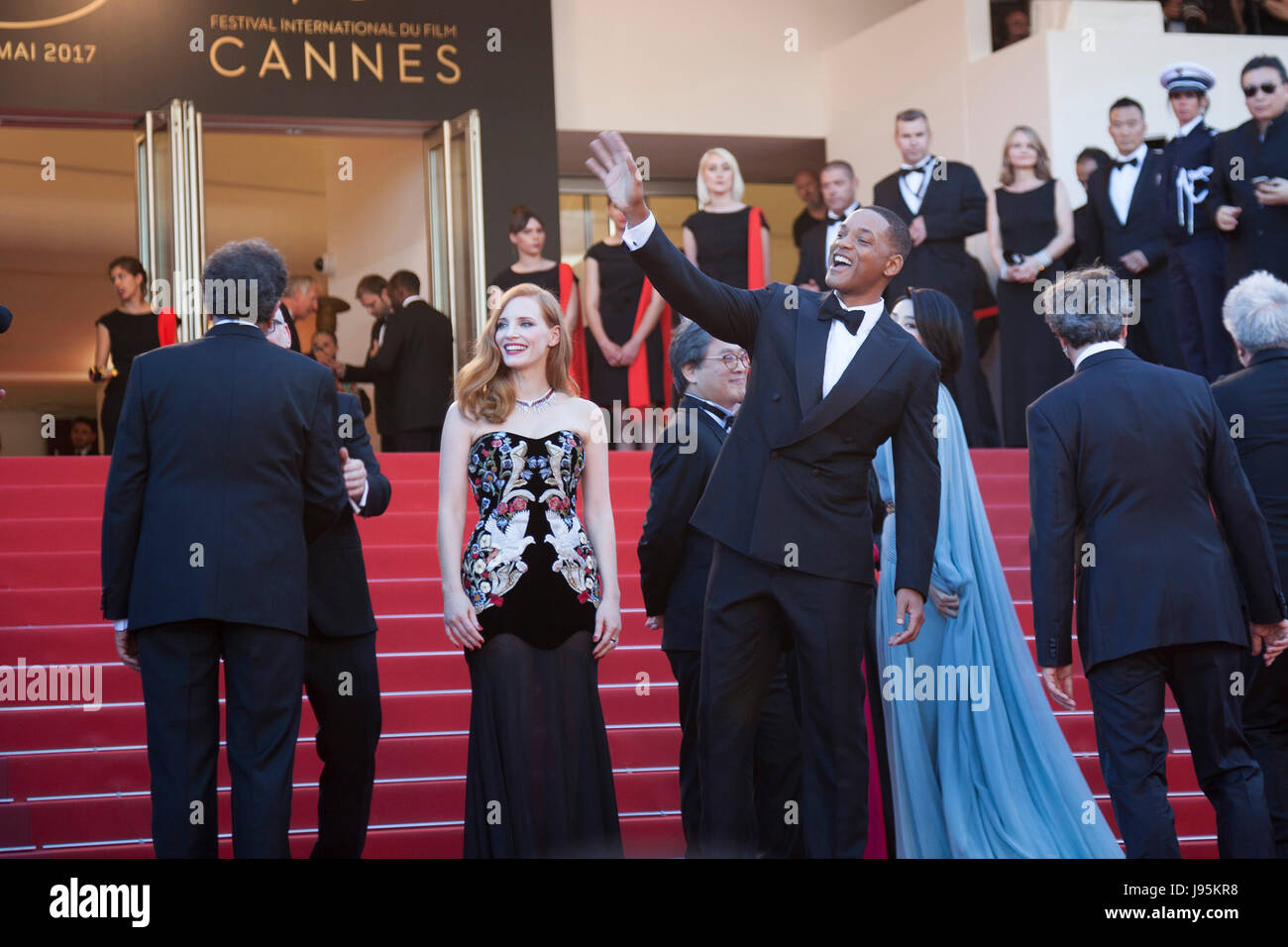 CANNES, FRANCE - MAY 17: (L-R) Jury members Agnes Jaoui, Jessica Chastain, Will Smith, President of the jury Pedro Almodovar and jury members Park Chan-wook, Gabriel Yared, and Fan Bingbing attend the 'Ismael's Ghosts (Les Fantomes d'Ismael)' screening and Opening Gala during the 70th annual Cannes Film Festival at Palais des Festivals on May 17, 2017 in Cannes, France. Laurent Koffel/Alamy Live News Stock Photo