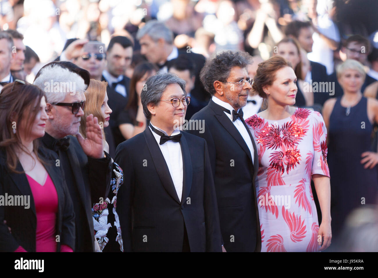 CANNES, FRANCE - MAY 17: (L-R) Jury members Agnes Jaoui, Jessica Chastain, Will Smith, President of the jury Pedro Almodovar and jury members Park Chan-wook, Gabriel Yared, and Fan Bingbing attend the 'Ismael's Ghosts (Les Fantomes d'Ismael)' screening and Opening Gala during the 70th annual Cannes Film Festival at Palais des Festivals on May 17,2017 in Cannes. France. Laurent Koffel/Alamy Live News Stock Photo