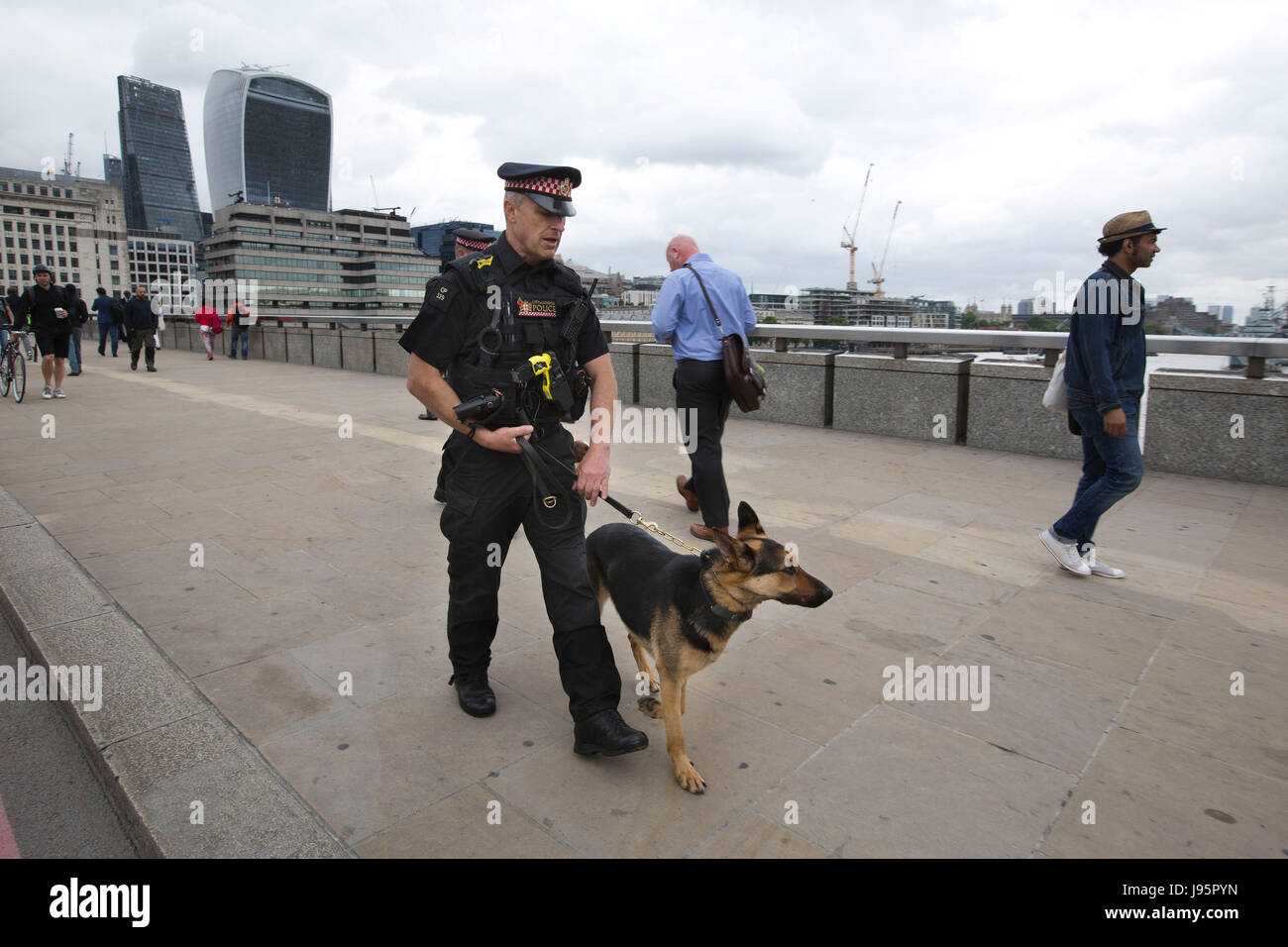Metropolitan Police Dogs team on the London Bridge after the road is