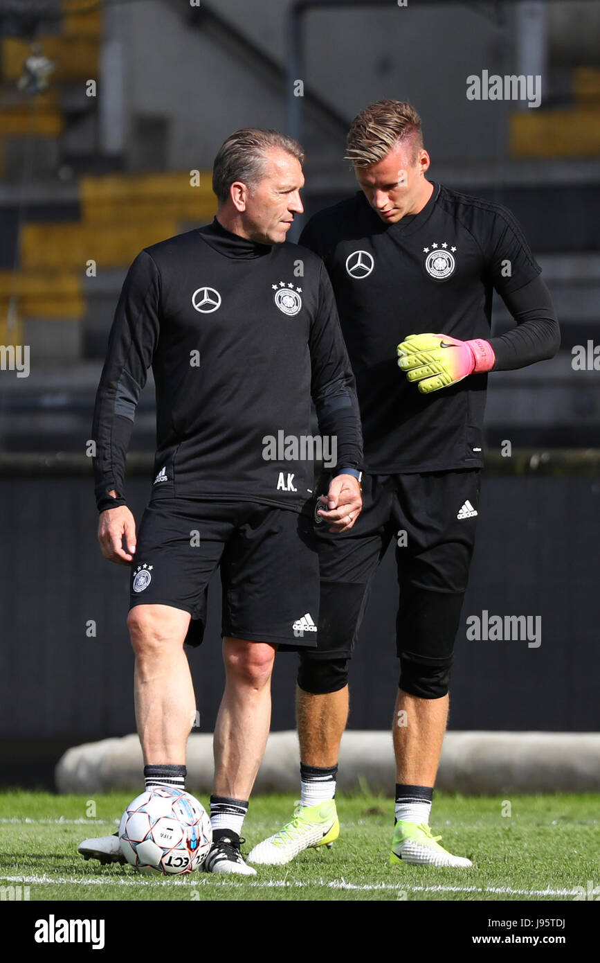 Goalkeeping coach Andreas Koepke (l) and goalie Marc-Andre ter Stegen at a training session, ahead of the Denemark vs. Germany friendly soccer match, at the Brondby Stadion in Copenhagen, Denmark, 5 June 2017. Photo: Christian Charisius/dpa Stock Photo