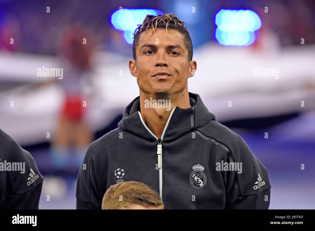 Cardiff, UK. 04th June, 2017. Cristiano Ronaldo of Real Madrid lines up  ahead of the UEFA Champions League Final between Juventus and Real Madrid  CF at the National Stadium of Wales in