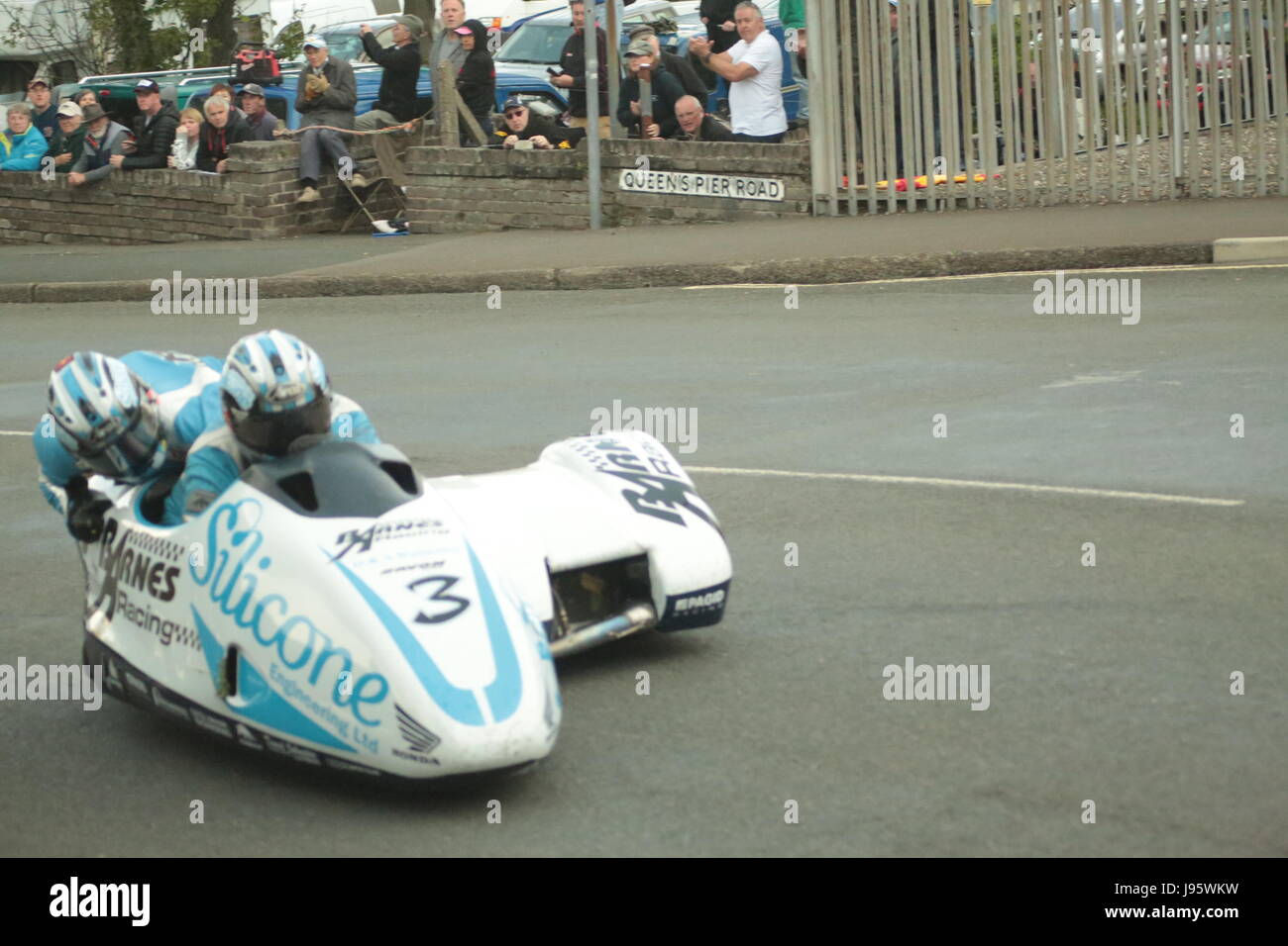 Ramsey, UK. 5th Jun, 2017. Isle of Man TT Races, Sure Sidecar Race. Number 3, John Holden and Lee Cain on a 600cc LCR Honda of the Silicone Engineering/ Barnes Racing team from Mellor Brook, UK, at Cruickshanks Corner, Ramsey, Isle of Man. Credit: Louisa Jane Bawden/Alamy Live News. Stock Photo