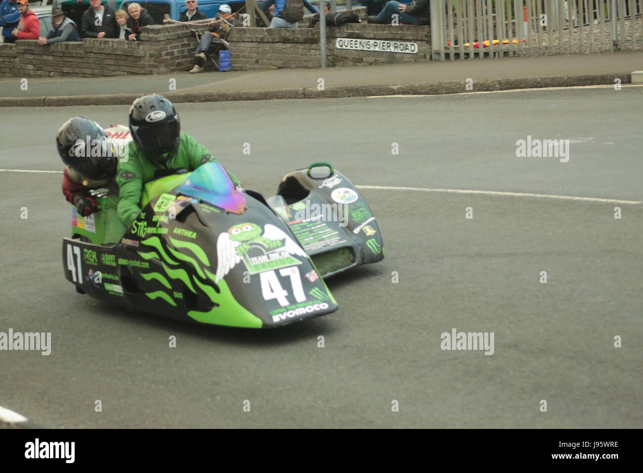 Ramsey, UK. 5th Jun, 2017. Isle of Man TT Races, Sure Sidecar Race. Number 47, Deborah Barron and Deborah Barron on their 600cc Ireson Kawasaki of Team Oscar Racing, from Braddan, Isle of Man, at Cruickshanks Corner, Ramsey, Isle of Man. Credit: Louisa Jane Bawden/Alamy Live News. Stock Photo