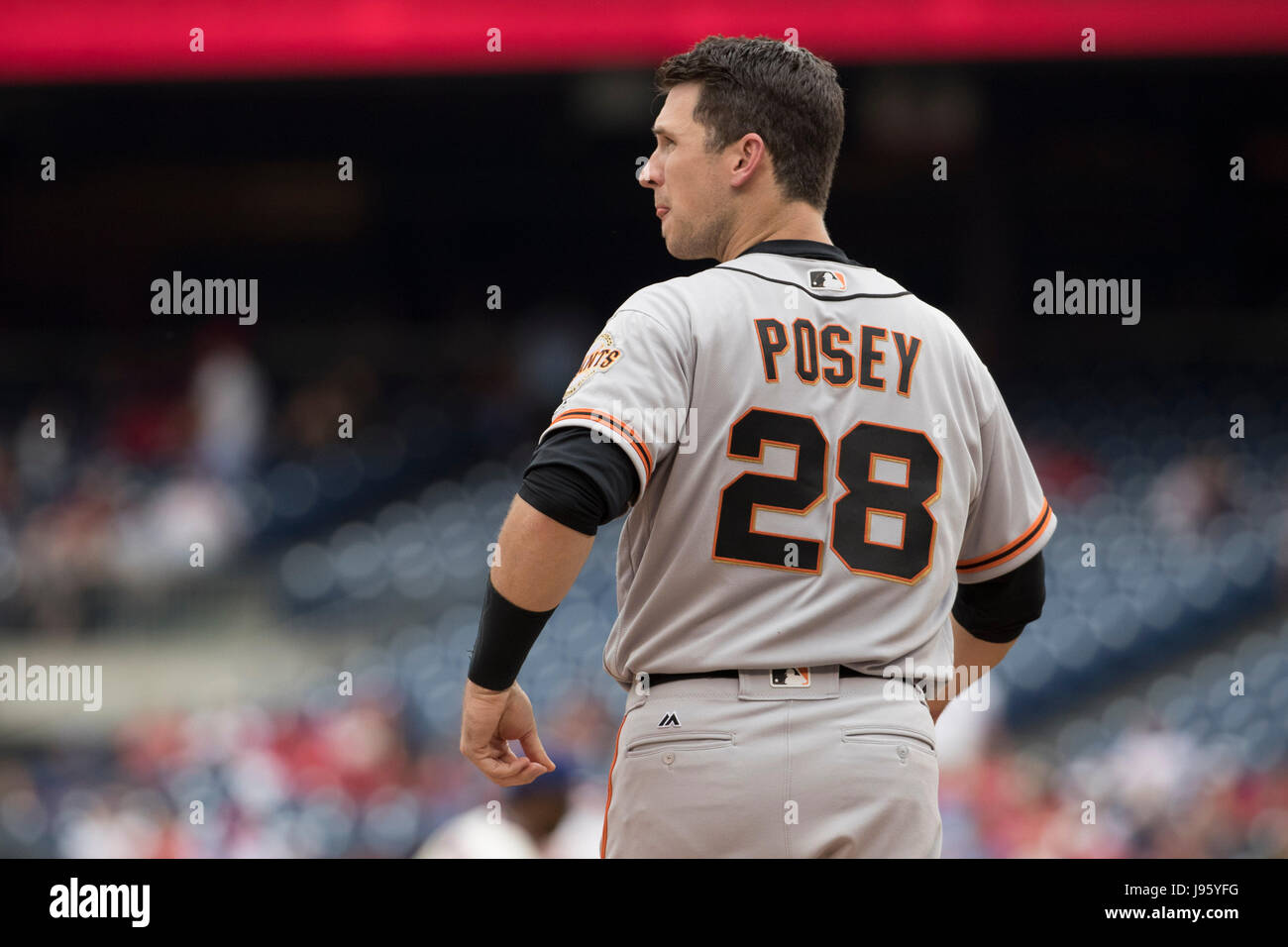 Philadelphia, Pennsylvania, USA. 4th June, 2017. San Francisco Giants' Buster Posey (28) looks on during the MLB game between the San Francisco Giants and Philadelphia Phillies at Citizens Bank Park in Philadelphia, Pennsylvania. The Philadelphia Phillies won 9-7. Christopher Szagola/CSM/Alamy Live News Stock Photo