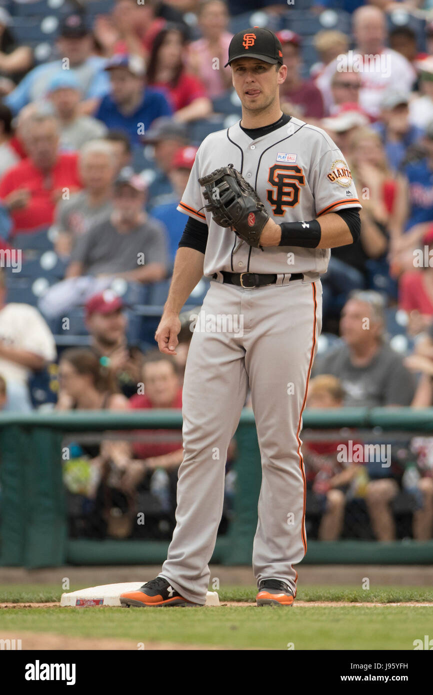 Philadelphia, Pennsylvania, USA. 4th June, 2017. San Francisco Giants first baseman Buster Posey (28) looks on during the MLB game between the San Francisco Giants and Philadelphia Phillies at Citizens Bank Park in Philadelphia, Pennsylvania. The Philadelphia Phillies won 9-7. Christopher Szagola/CSM/Alamy Live News Stock Photo