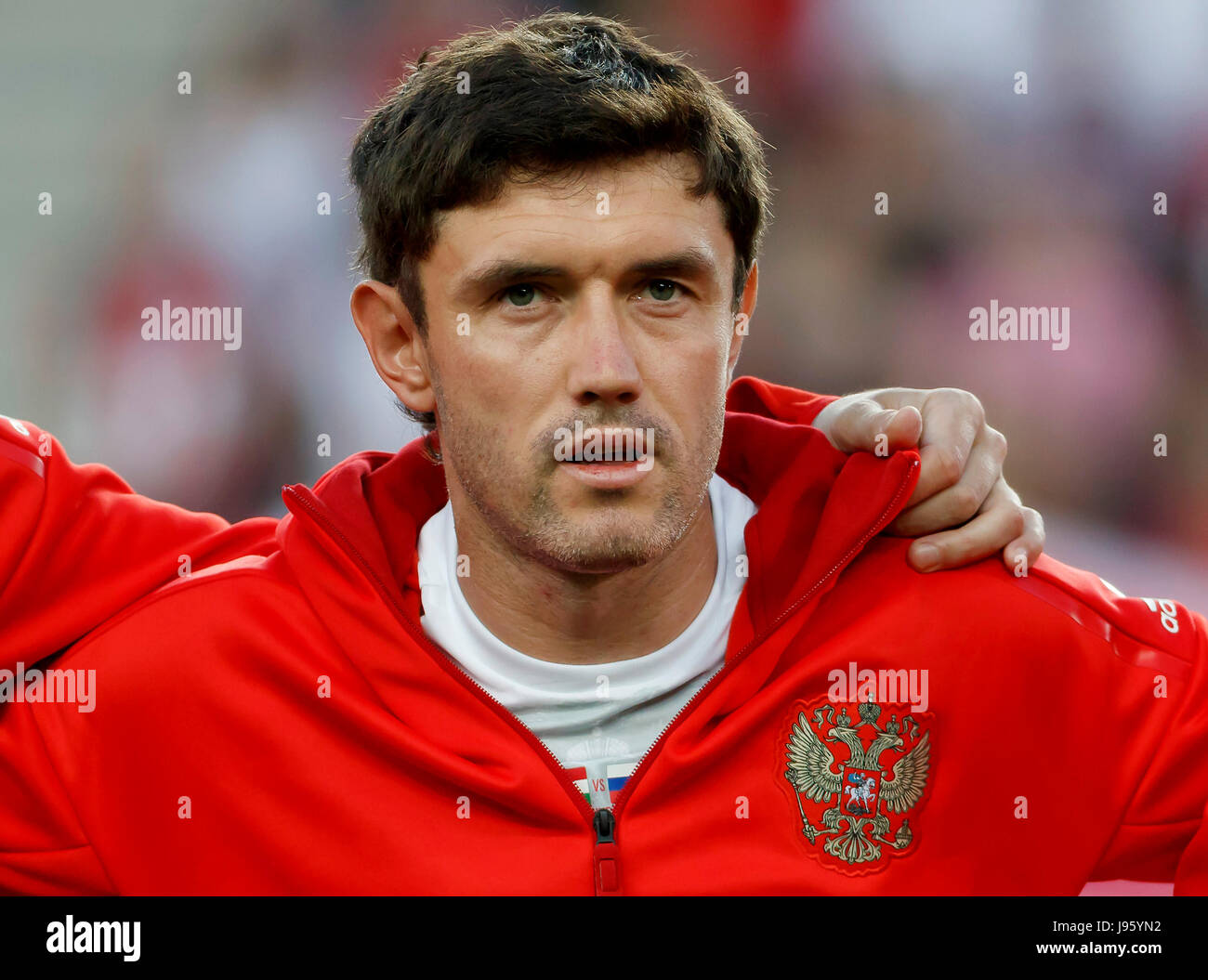 Budapest, Hungary. 05th June, 2017. BUDAPEST, HUNGARY - JUNE 5: Yuri Zhirkov of Russia listens to the anthem prior to the International Friendly match between Hungary and Russia at Groupama Arena on June 5, 2017 in Budapest, Hungary. Credit: Laszlo Szirtesi/Alamy Live News Stock Photo