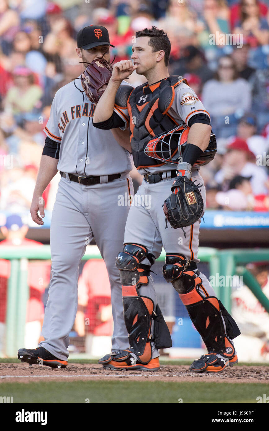 Philadelphia, Pennsylvania, USA. 3rd June, 2017. San Francisco Giants catcher Buster Posey (28) looks on while with relief pitcher Hunter Strickland (60) during the MLB game between the San Francisco Giants and Philadelphia Phillies at Citizens Bank Park in Philadelphia, Pennsylvania. The Philadelphia Phillies won 5-3. Christopher Szagola/CSM/Alamy Live News Stock Photo