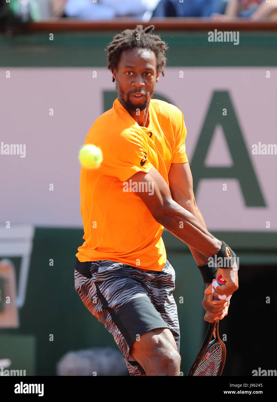 French tennis player Gael Monfils is in action during his 1/8 final