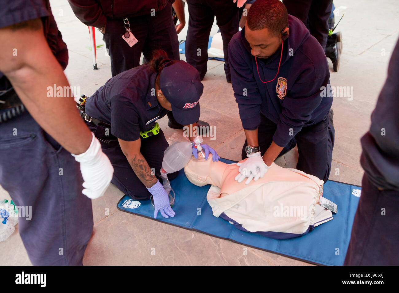 Fire and EMS technicians (EMT, Paramedic) performing CPR on CPR manikin (CPR training)  - Washington, DC USA Stock Photo
