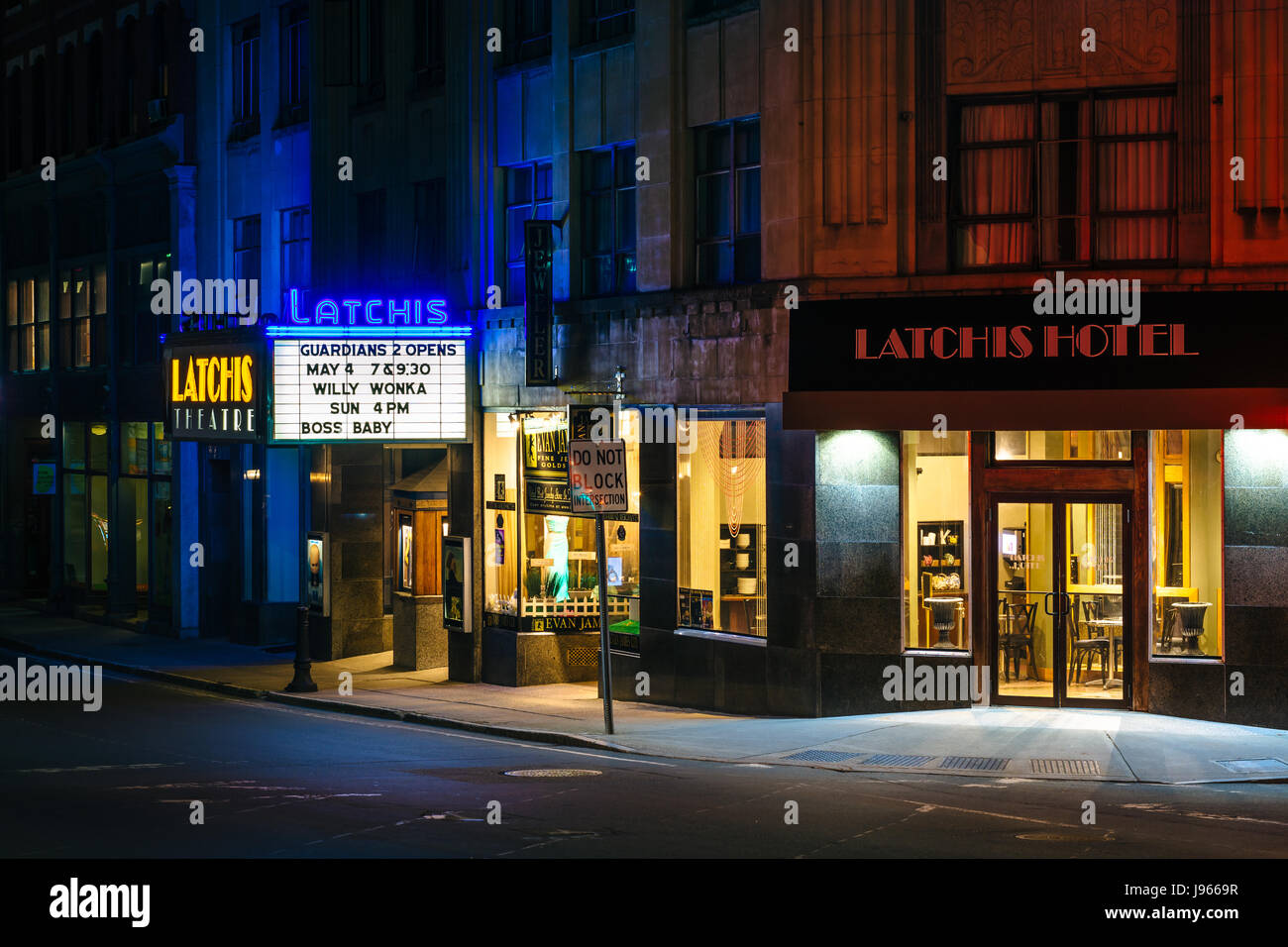 The Latchis Theater and Hotel at night, in downtown Brattleboro