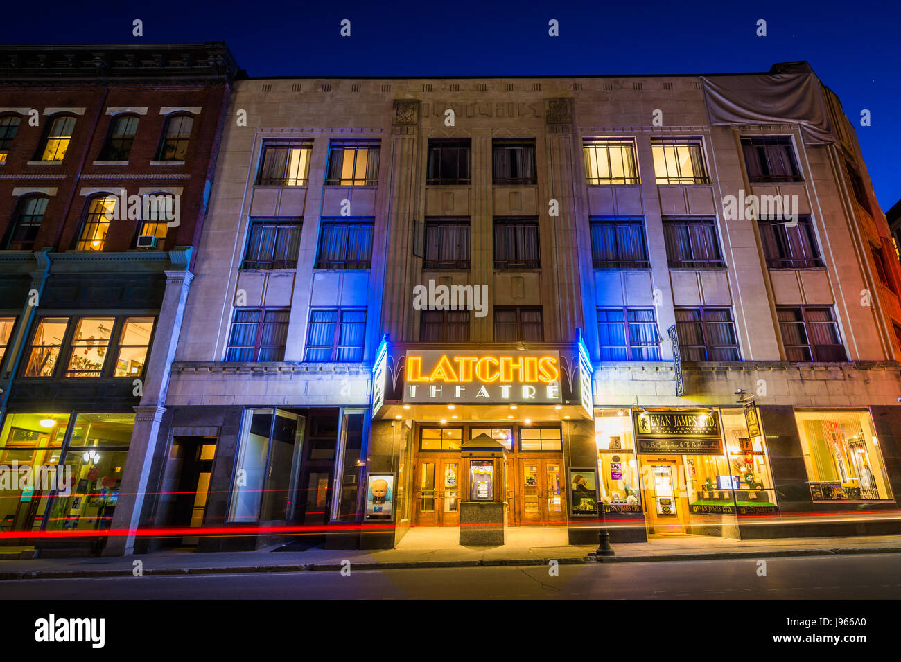 The Latchis Theater at night, in downtown Brattleboro, Vermont Stock