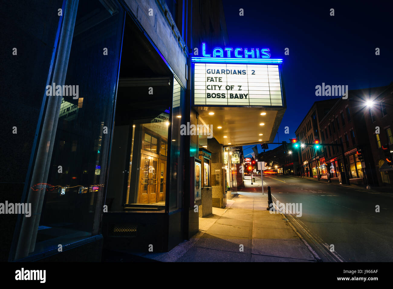 The Latchis Theater at night, in downtown Brattleboro, Vermont Stock