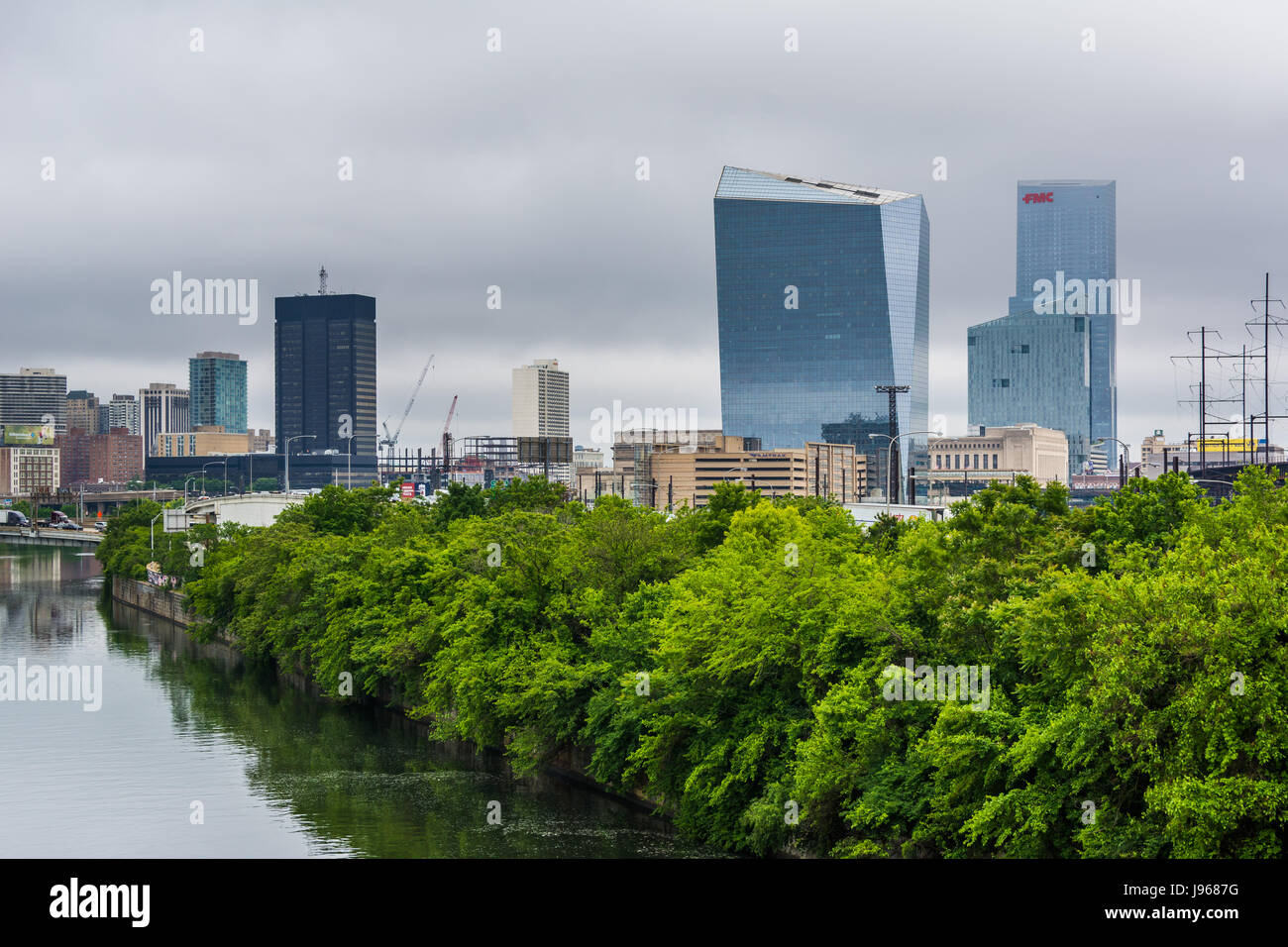 The Schuylkill River and buildings in West Philadelphia, Pennsylvania. Stock Photo