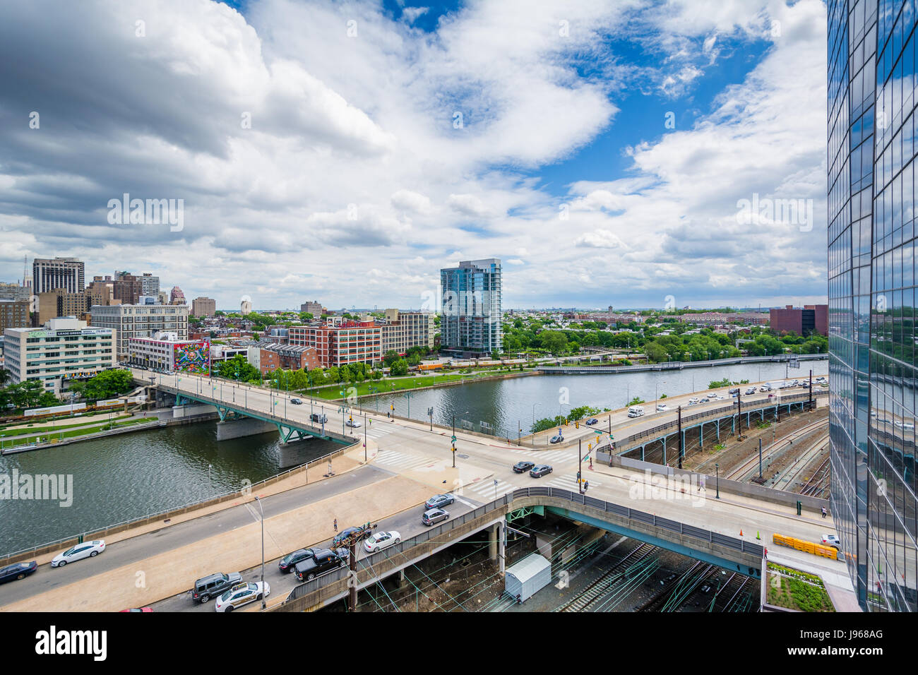 View of streets and railroad tracks along the Schuylkill River in Philadelphia, Pennsylvania. Stock Photo