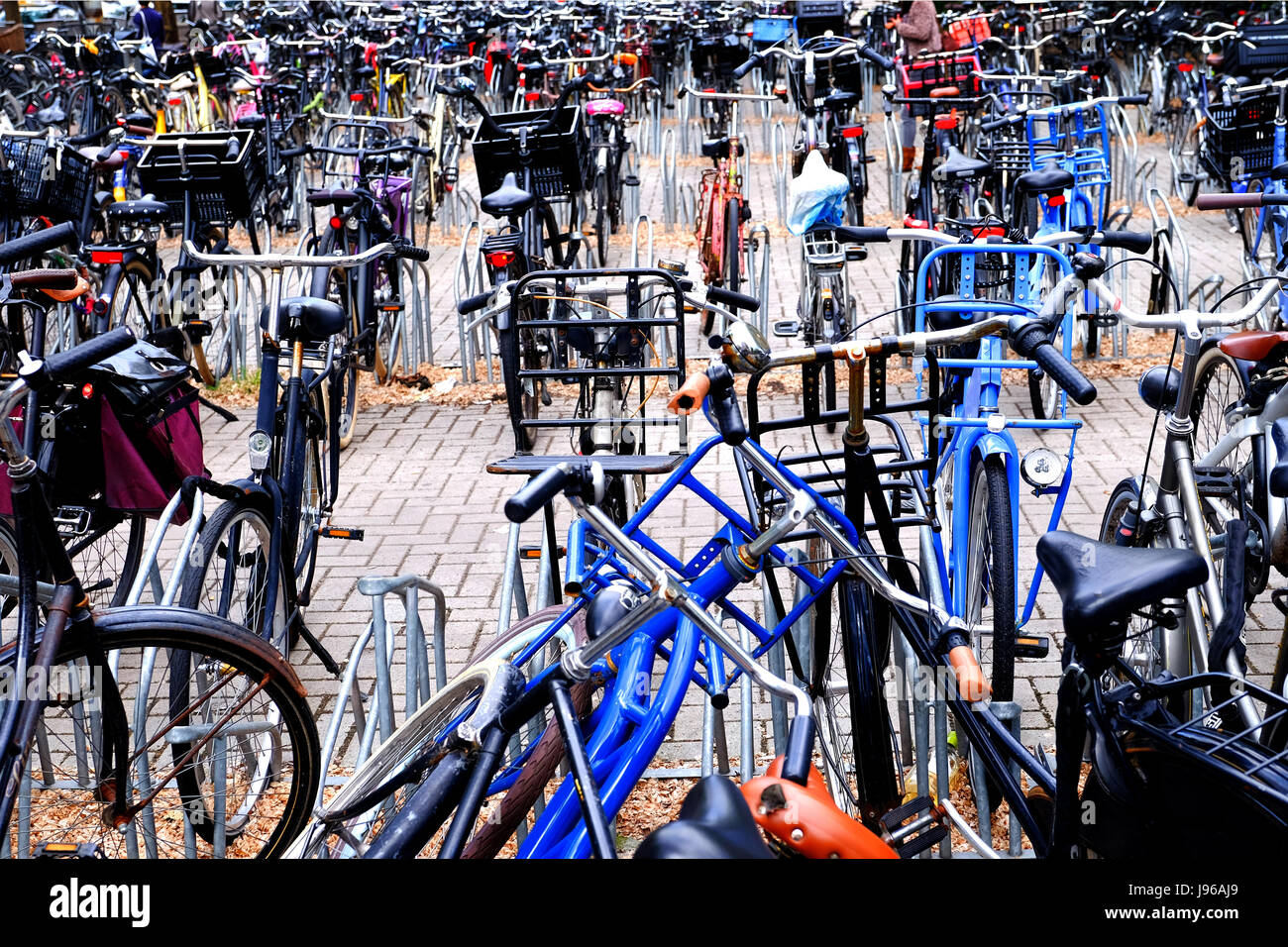 tangle of bikes in bicycle rack in Amsterdam Stock Photo