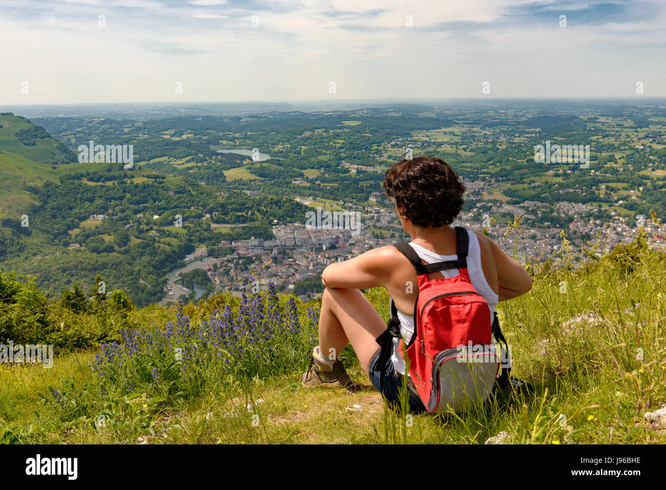 pretty mature woman go hiking in the mountains Stock Photo