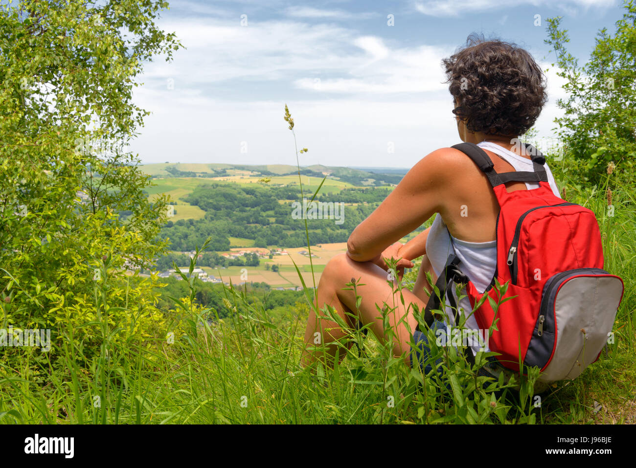 pretty mature woman go hiking in the mountains Stock Photo