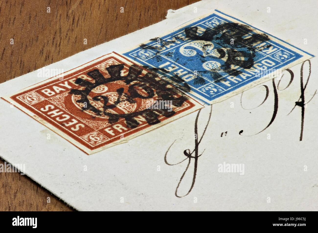 2 Bavarian Kreuzer stamps on envelope Stock Photo