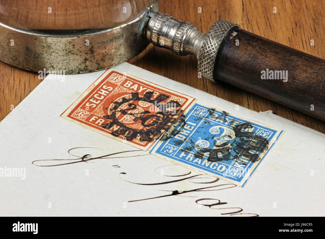 2 Bavarian Kreuzer stamps on envelope Stock Photo