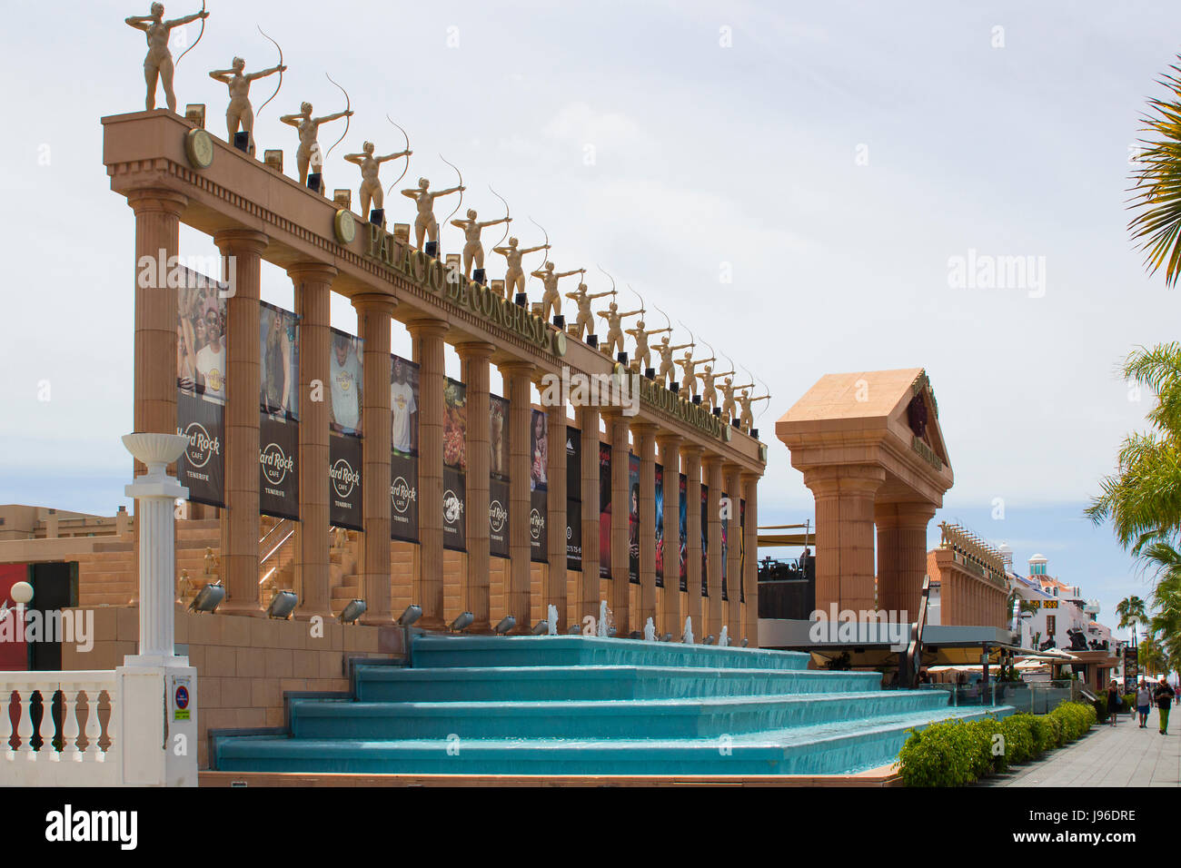 The impressive columns topped with statues of female archers outside the Hard Rock cafe and Conference Center in Playa Las Americas in Teneriffe Stock Photo