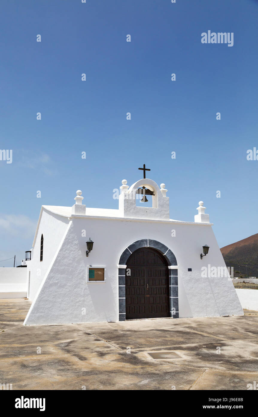 Lanzarote church - a traditional whitewashed village church, Masdache Village, Lanzarote, Canary Islands Europe Stock Photo