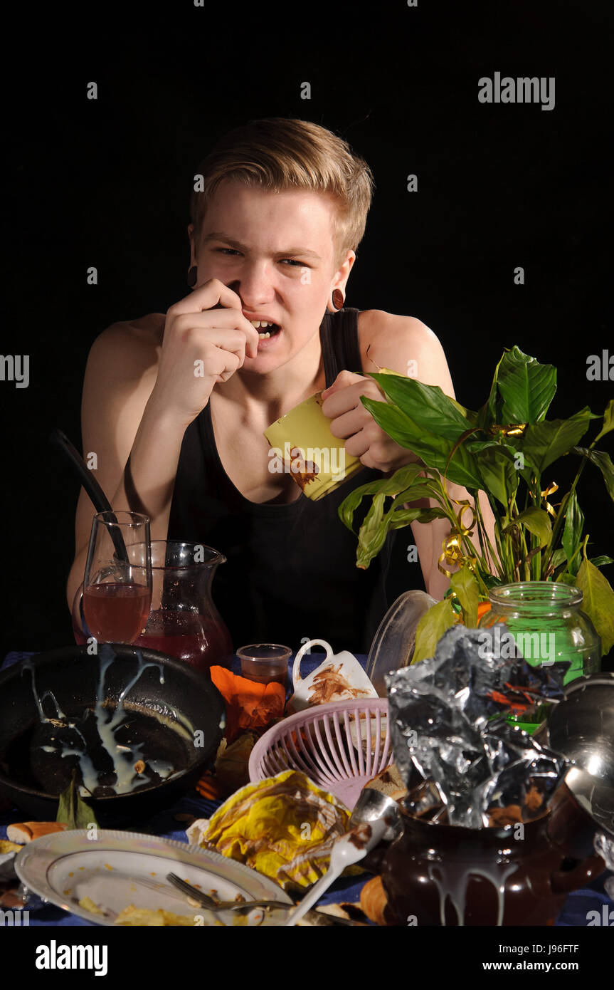 confusion, mess, trash, dirty, teenager, food, dish, meal, supper, dinner, Stock Photo
