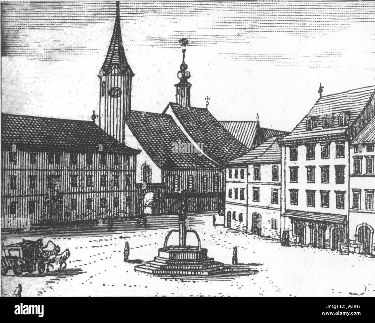 Valvasorjev bakrorez Mestnega trga s stolnico 1689 Stock Photo
