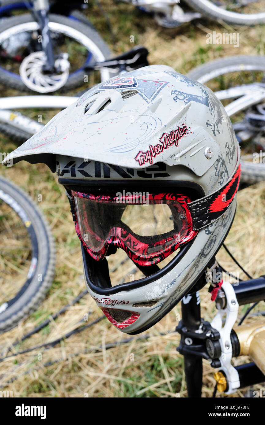 Close-up of a Biker's helmet and googles (MTB) Stock Photo