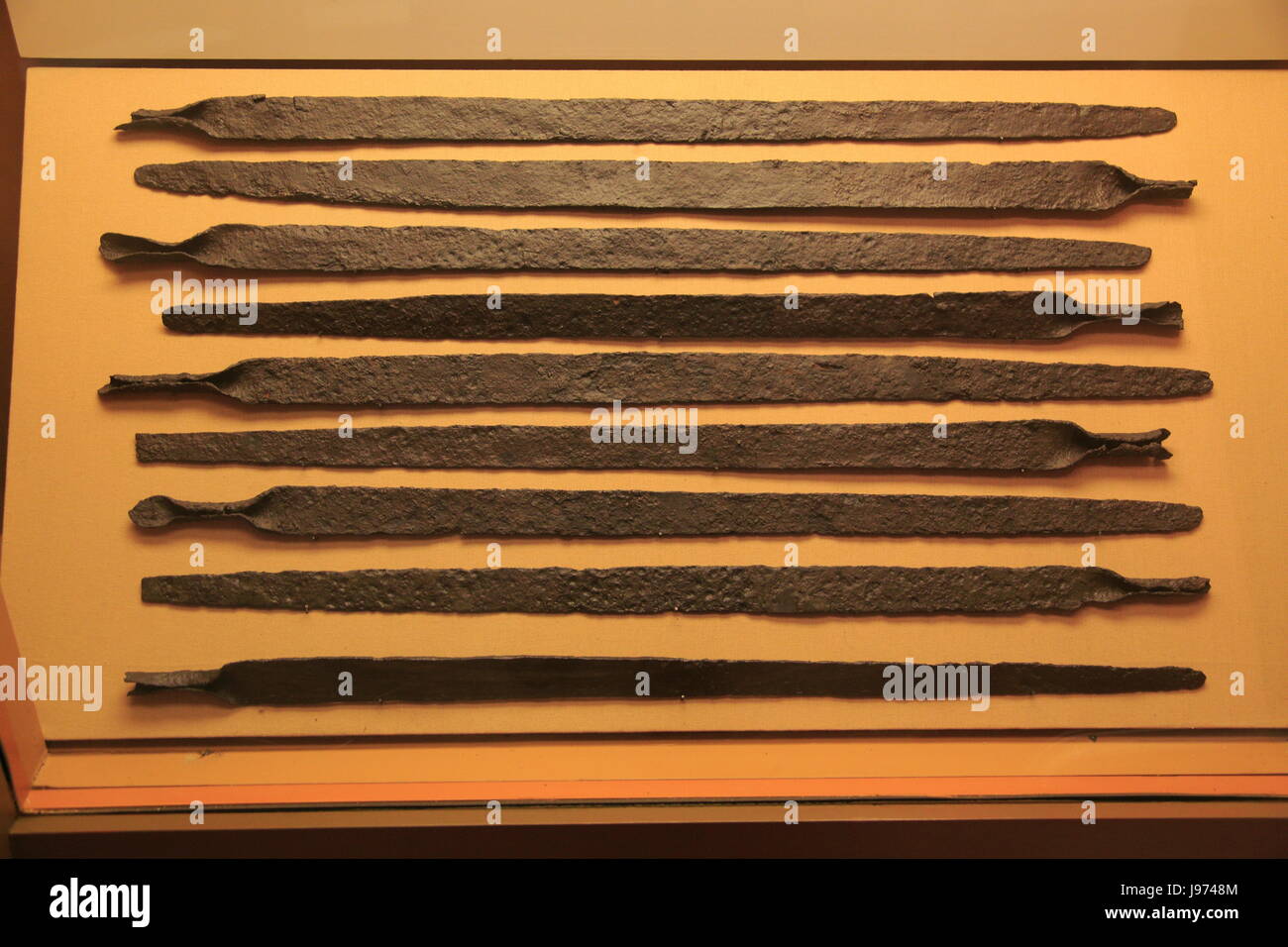 Lengths of iron called currency bars Iron Age museum, Andover, Hampshire, England, UK Stock