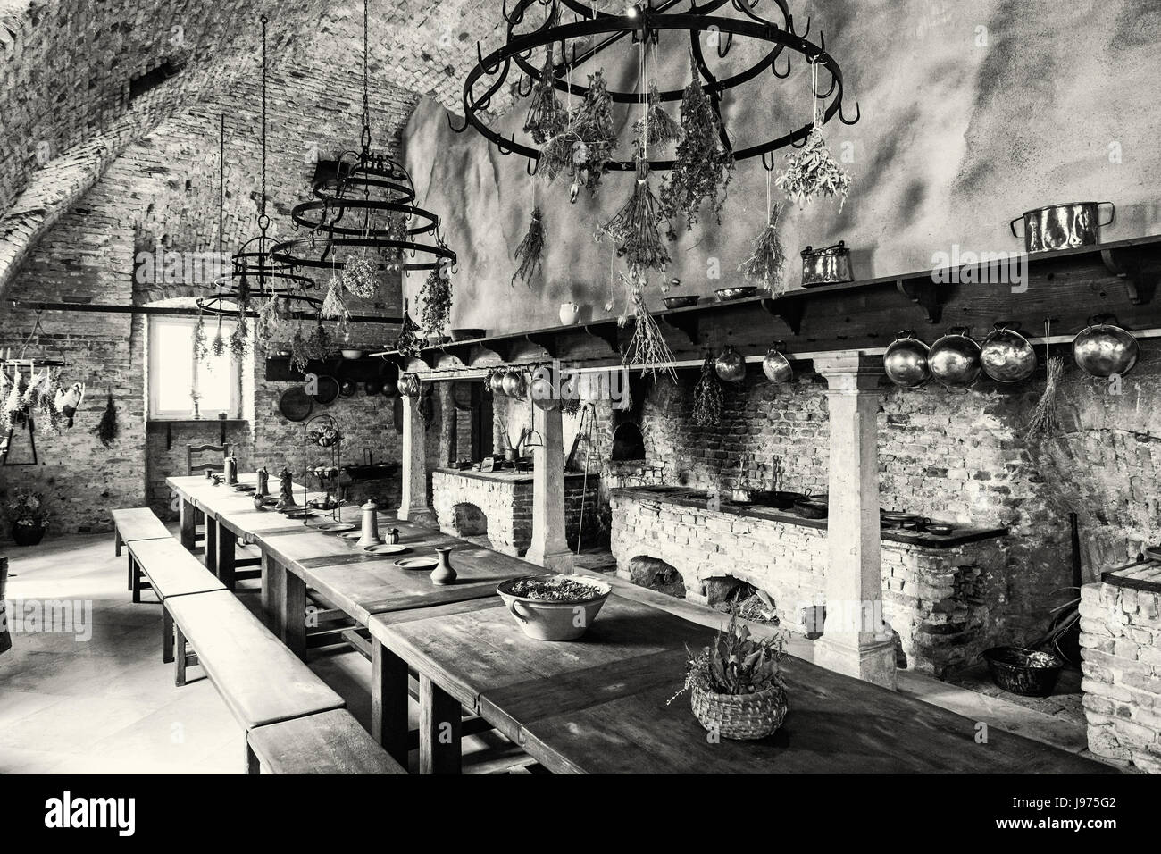 Beautiful Schloss Niederweiden in Austria. Interior space. Travel destination. Dining room. Black and white photo. Stock Photo