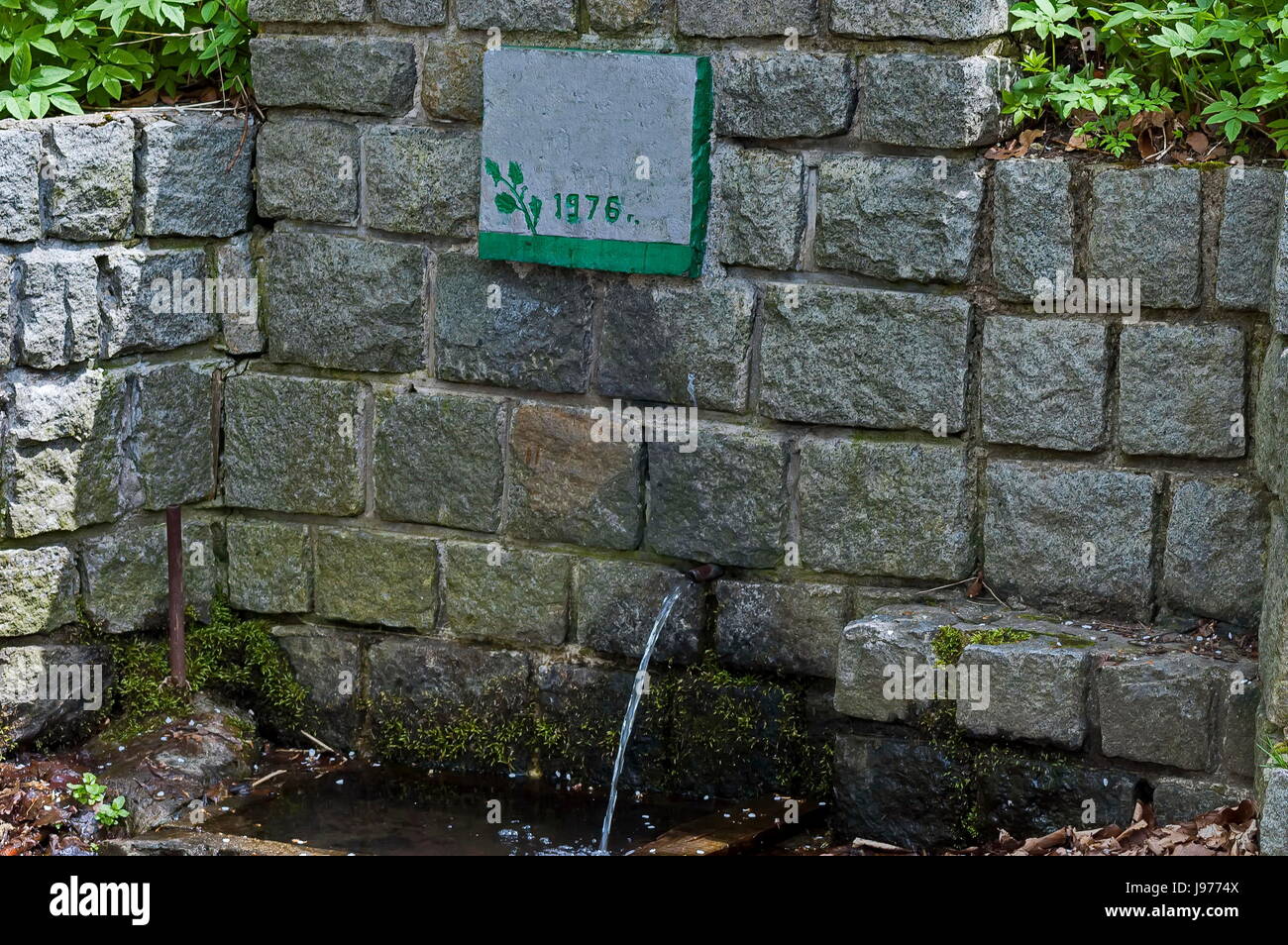 Fresh water gush from  old fountain in the Plana mountain, Bulgaria Stock Photo