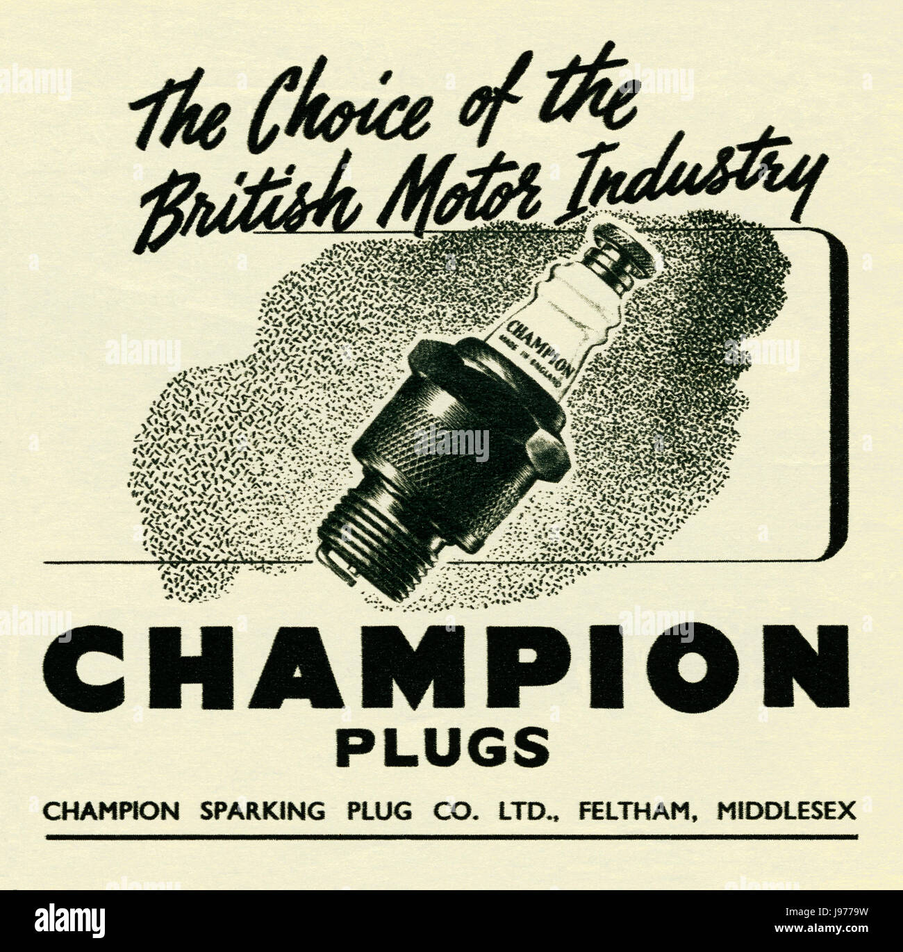An advert for Champion Spark Plugs - it appeared in a magazine published in  the UK in 1947 Stock Photo - Alamy