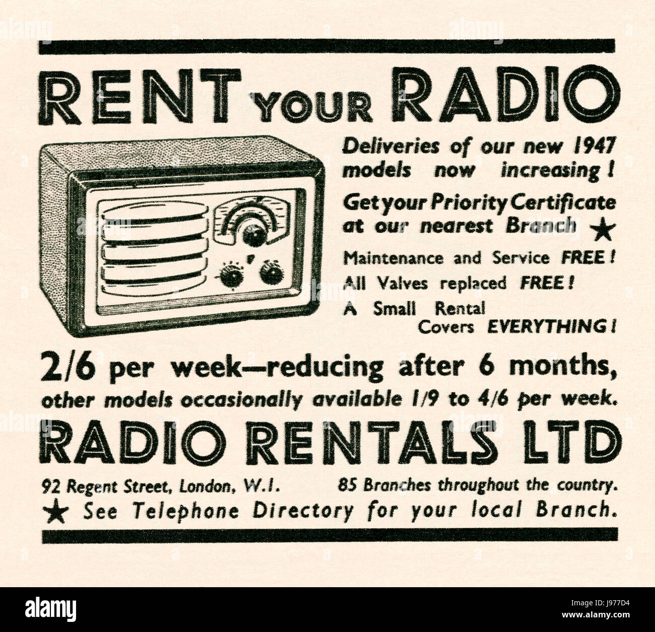 An advert for Radio Rentals for renting your radio - it appeared in a magazine published in the UK in 1947 Stock Photo
