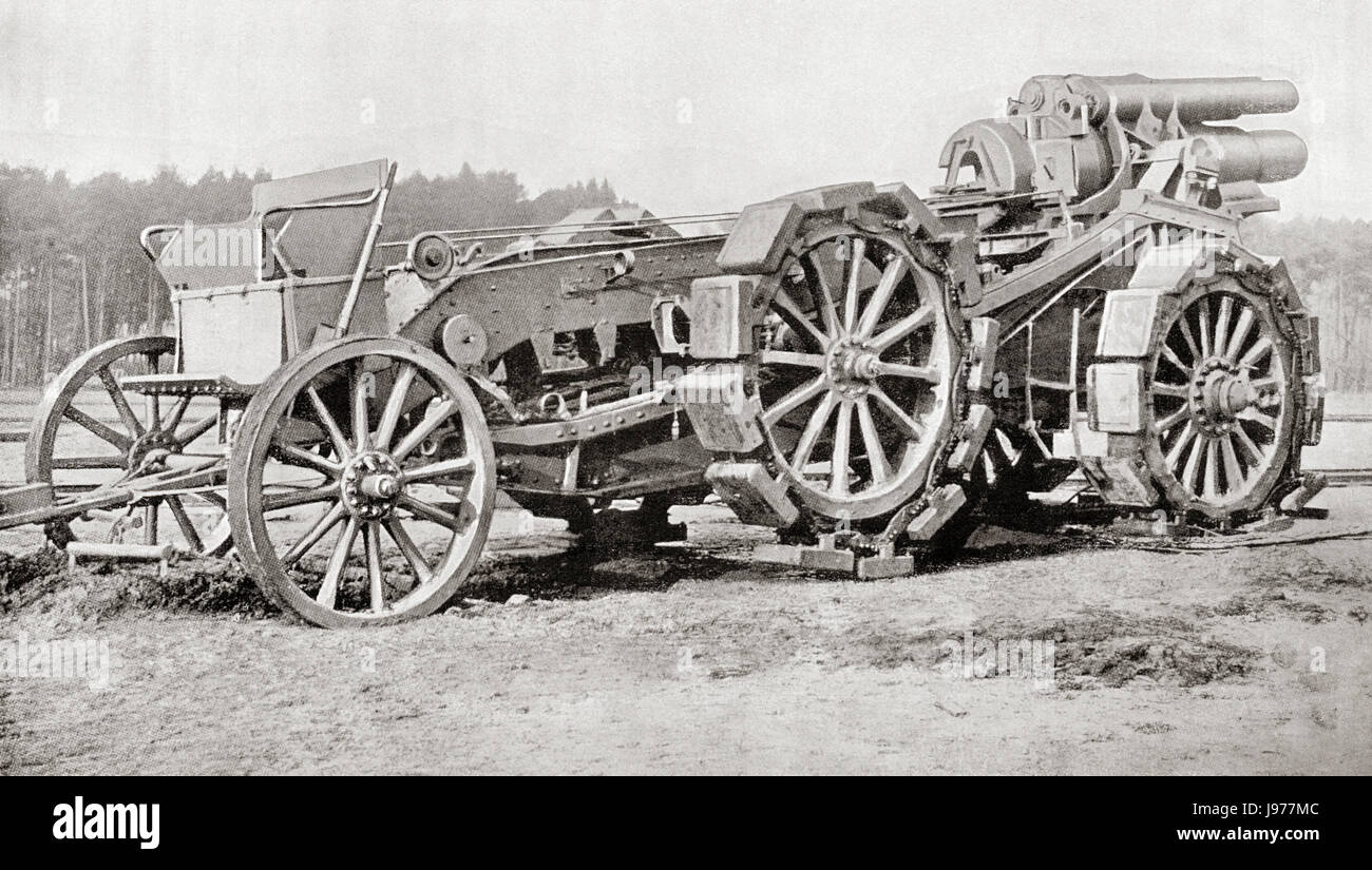 A German siege gun,  a heavy howitzer gun developed in Germany at the start of World War One.  From Hutchinson's History of the Nations, published 1915. Stock Photo