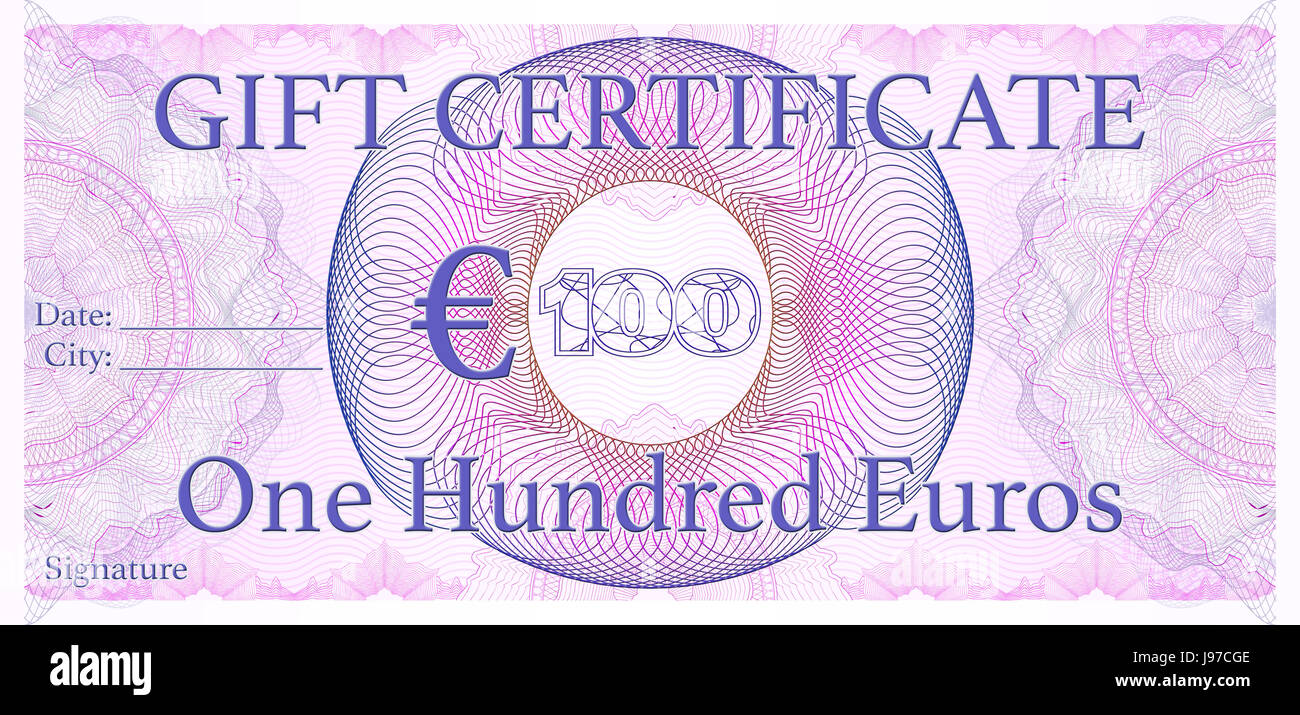 Professional €100 Gift certificate, designed as an official value paper check Stock Photo