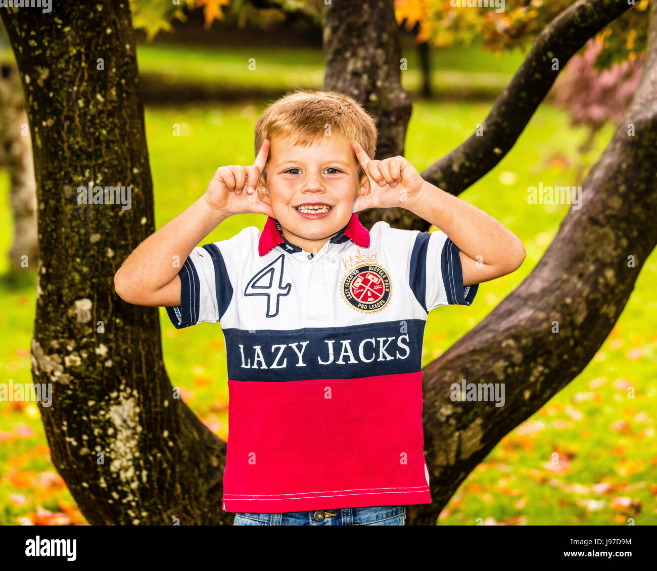 Young boy climbing trees, Roath Park,Cardiff, South Wales, UK Stock Photo